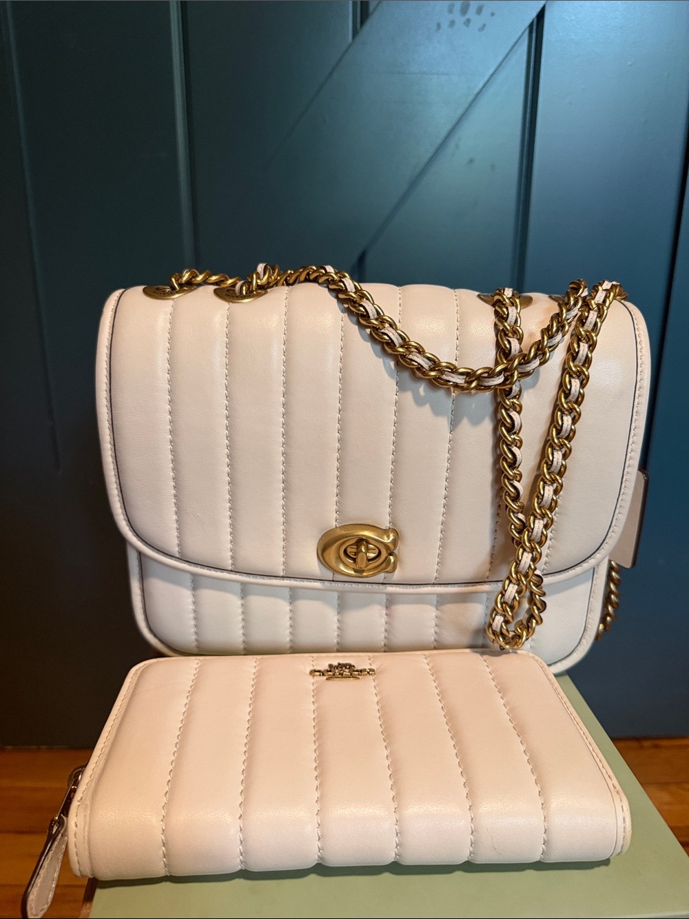 Coach Cream Quilted Shoulder Bag with Gold Chain and Wallet